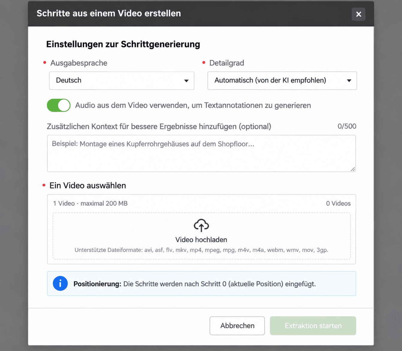 Einstellungen zur Schrittgenerierung