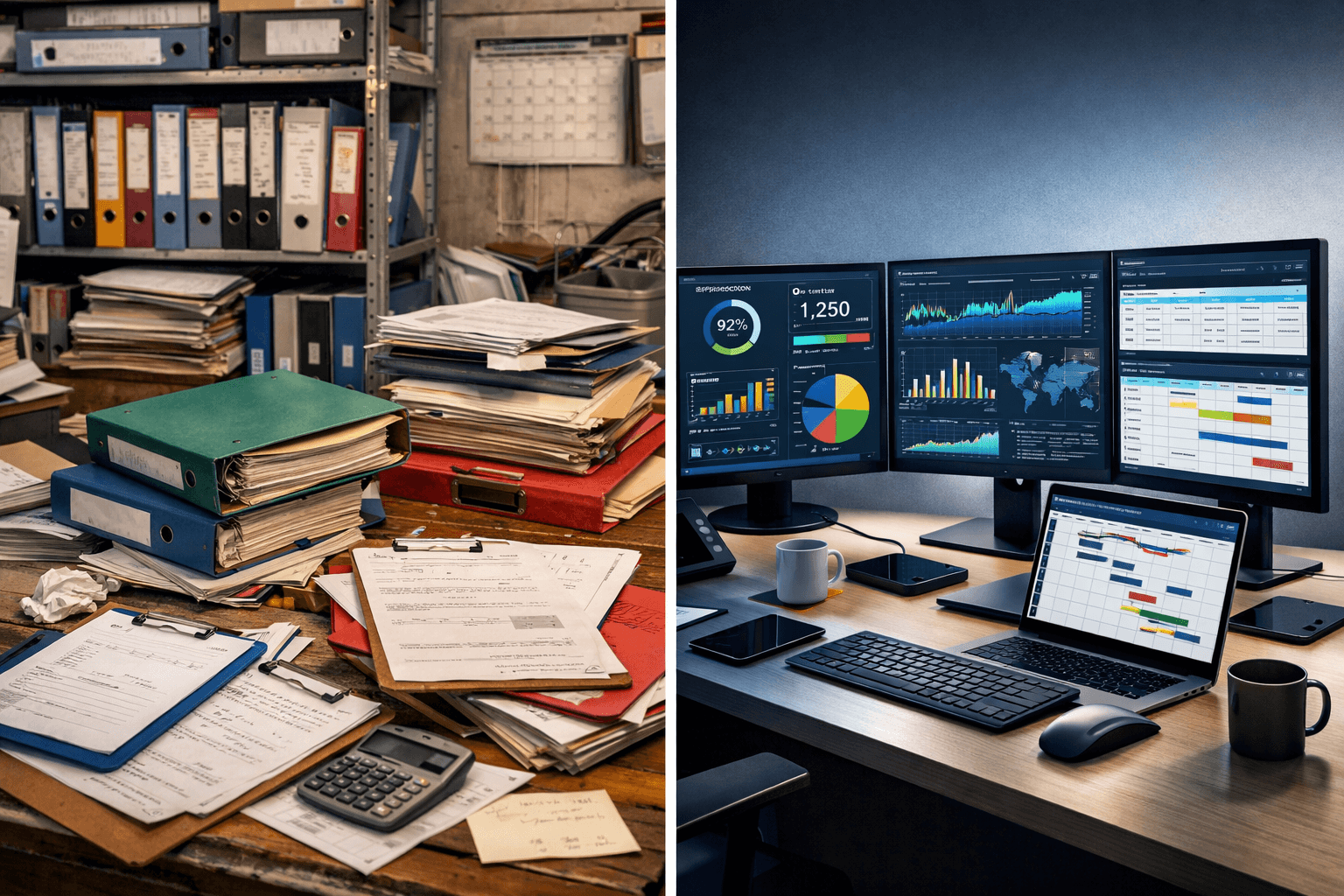 cluttered shop floor vs modern digital workstation